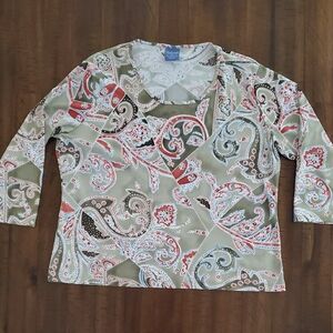 Westbound Olive And Rust Paisley Print 3/4 Sleeve Blouse - XL
